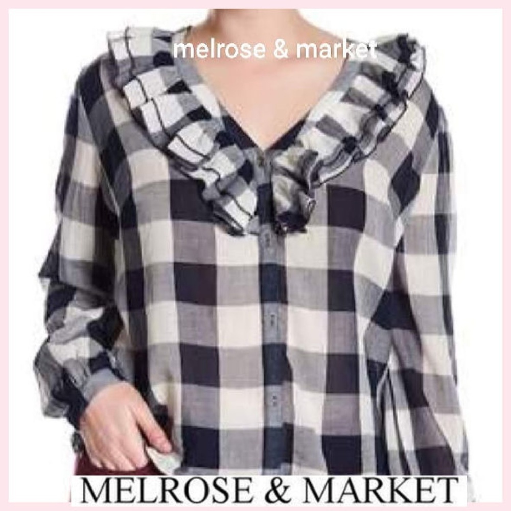 NWT Melrose Market Blue Plaid Blouse Long Sleeve M